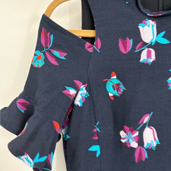 Rebecca Taylor Navy Blue Bellflower Floral Ruffle Cold Shoulder Sheath Dress 4 - Picture 13 of 15